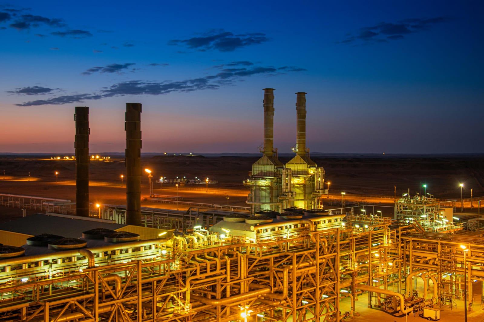 Refinery process units lit at dusk