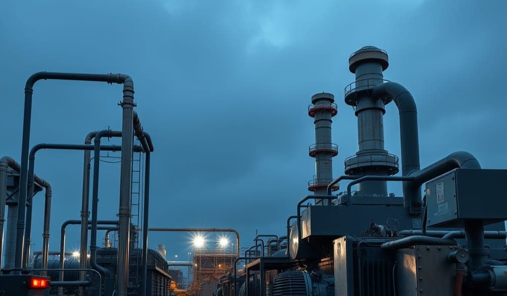 Process pipes and columns of an industrial plant at dusk